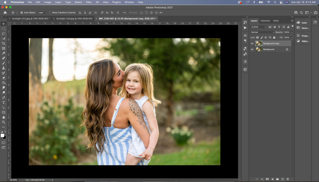 Editing and creating a duplicate layer, subject selection, and inverse selection within Adobe Photoshop